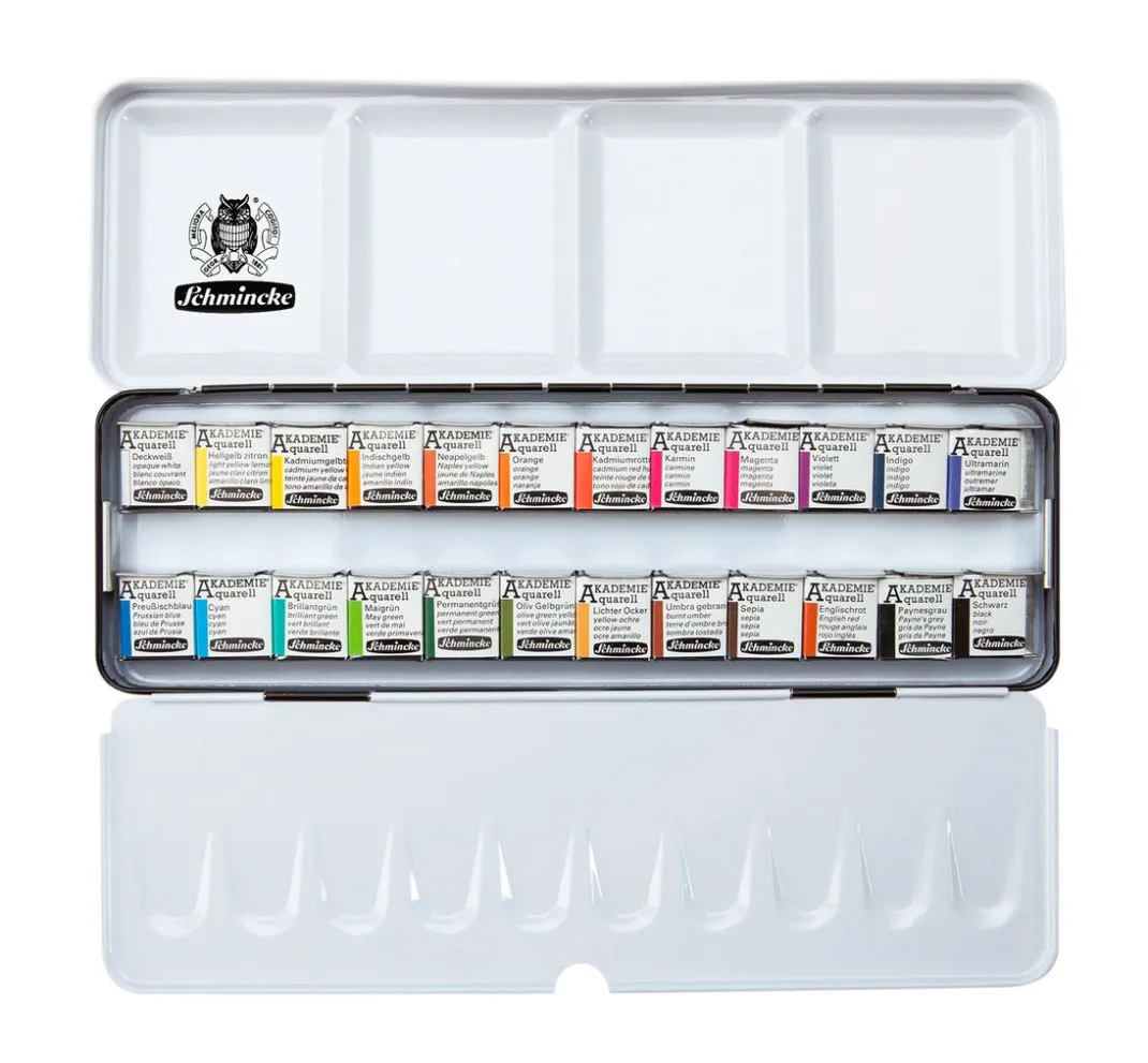 Schmincke Aquarell|Künstlerfarbe>AKADEMIE Aquarellkasten mit 24 halben Näpfchen