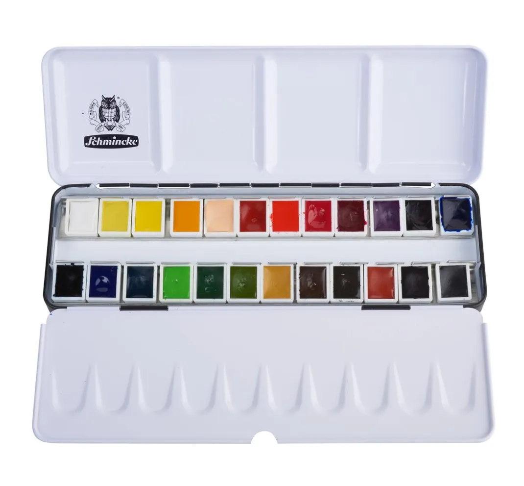 Schmincke Aquarell|Künstlerfarbe>AKADEMIE Aquarellkasten mit 24 halben Näpfchen