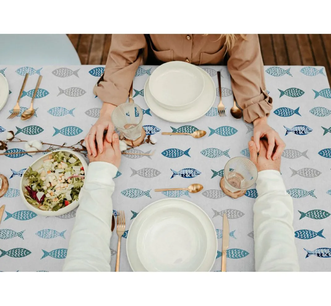 Globaltex Beschichteter Stoff|Stoff Meterware>Baumwoll-Stoff "Fische", Acryl beschichtet