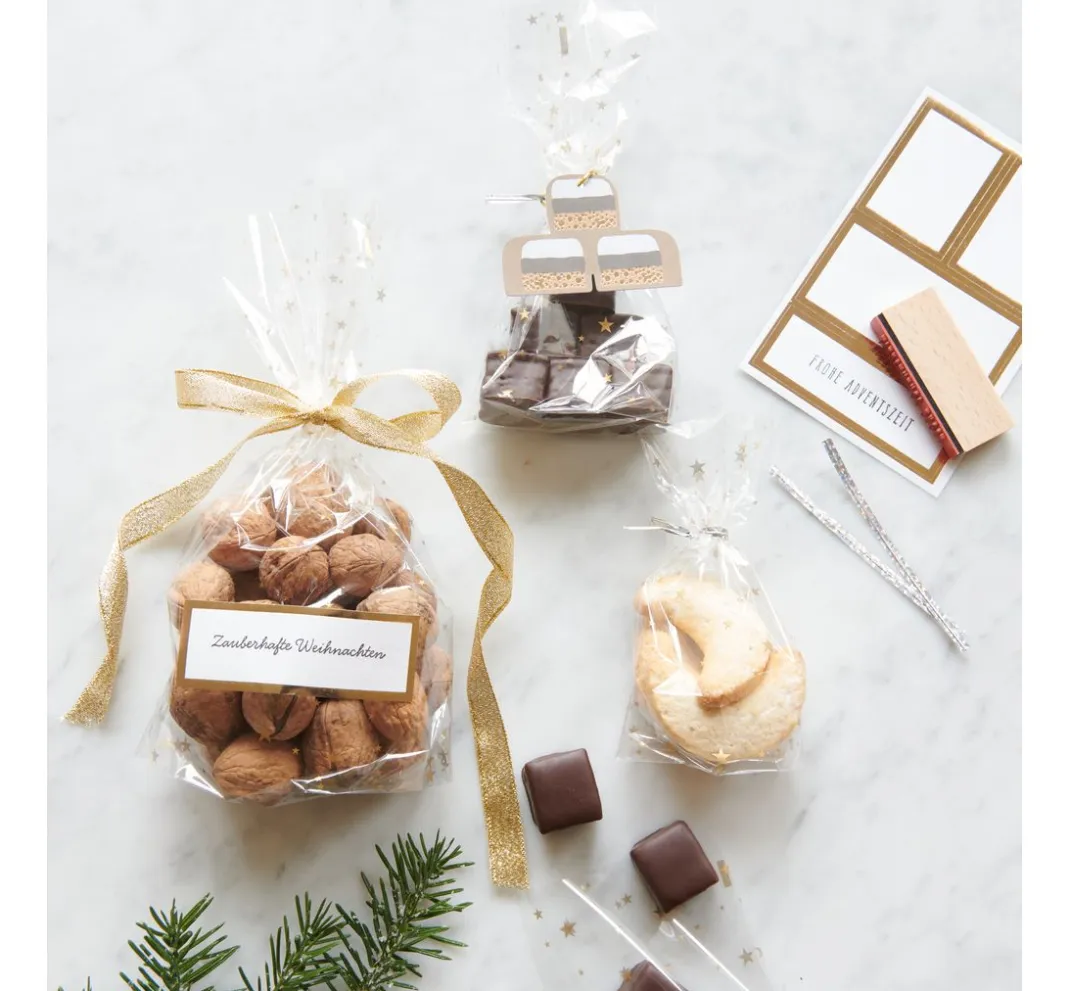 Rico Design Backen|Bastelfolie>Bodenbeutel "Goldene Sterne" mit Verschlussstreifen
