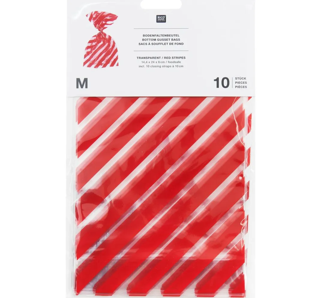 Rico Design Backen|Schutzhüllen & Zellglasbeutel>Bodenfaltenbeutel "Rote Streifen" mit Verschlussband