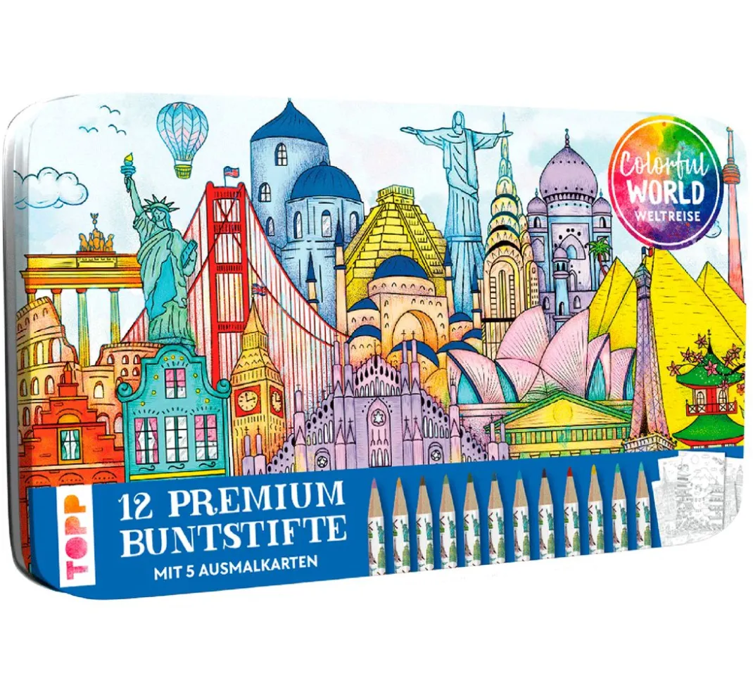 Topp Farbsets|Stifte>Designdose mit 12 Buntstiften "Colorful World Weltreise"