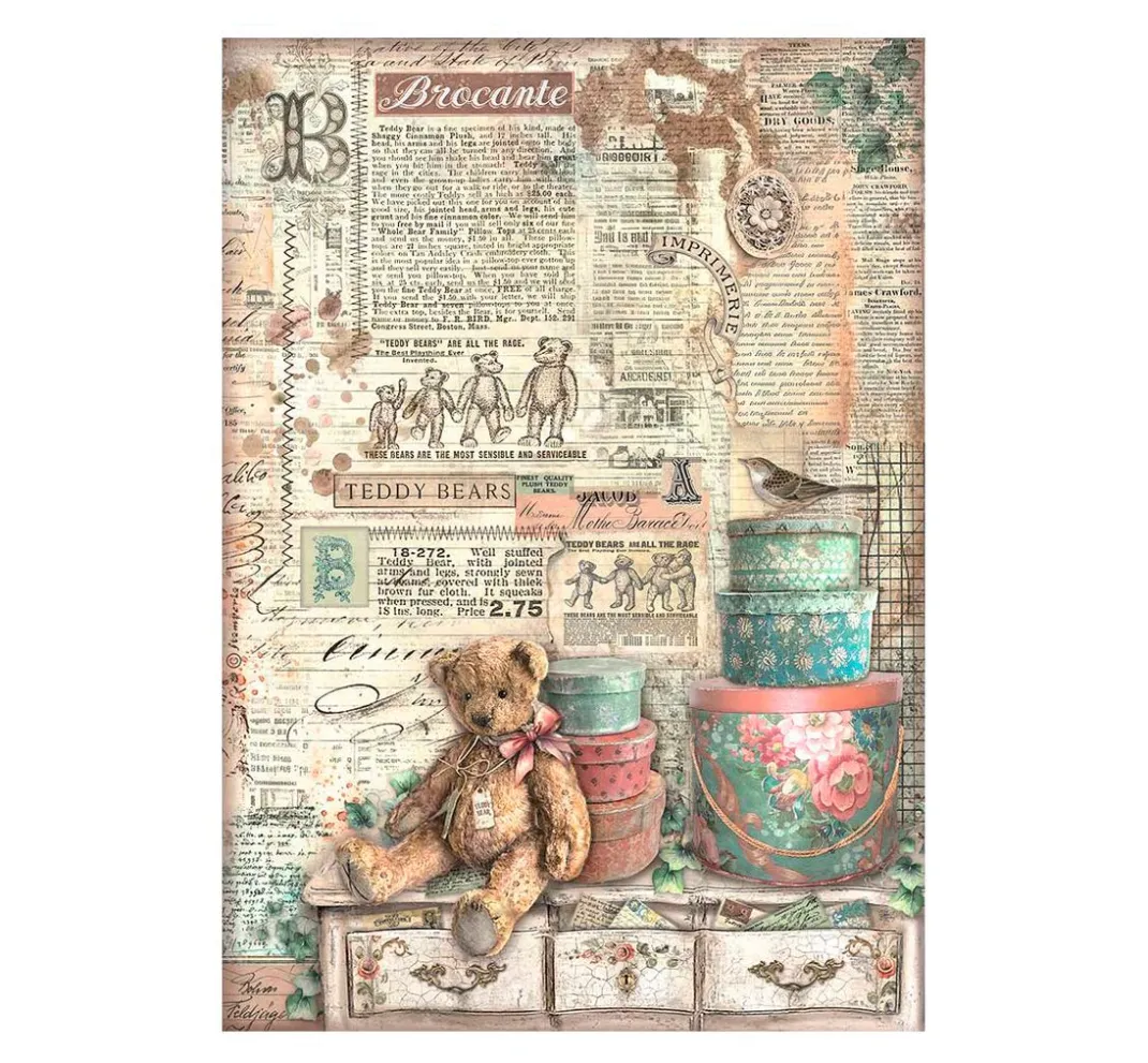 Stamperia Decoupage|Seidenpapier & Strohseide>Motiv-Strohseide "Brocante Antiques - Teddy"