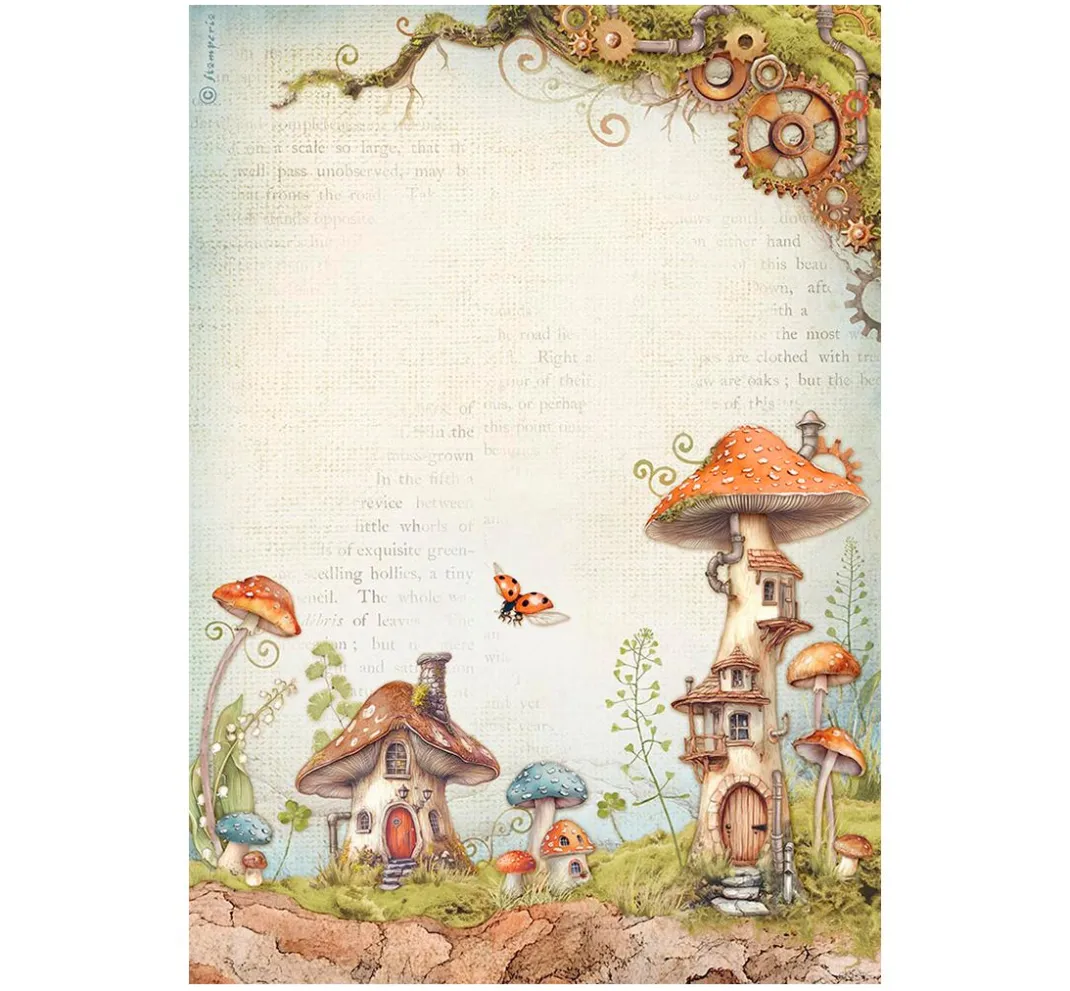 Stamperia Decoupage|Seidenpapier & Strohseide>Motiv-Strohseide "Hidden Grove - Mushroom Houses"