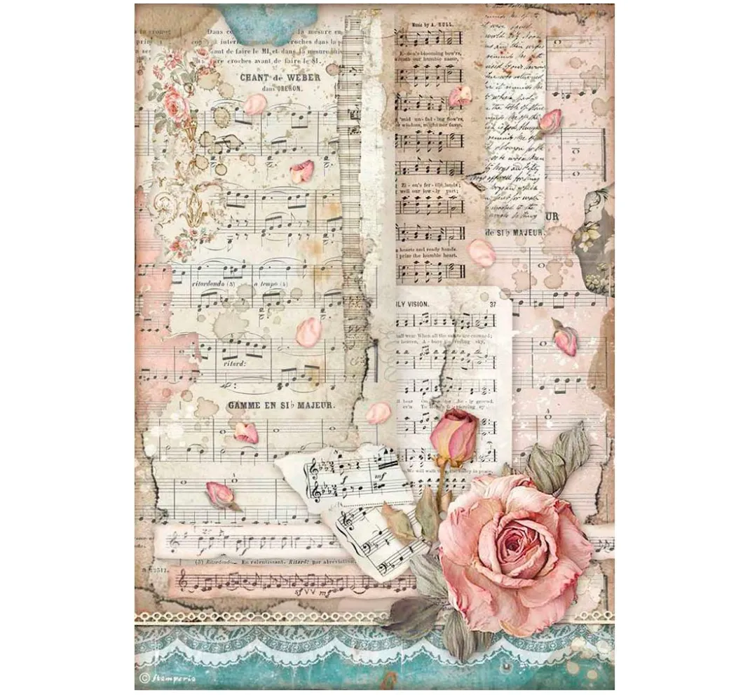Stamperia Decoupage|Seidenpapier & Strohseide>Motiv-Strohseide "Rosen und Musik"