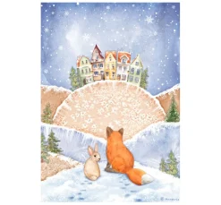 Stamperia Decoupage|Seidenpapier & Strohseide>Motiv-Strohseide "Winter Valley - Fuchs und Hase"