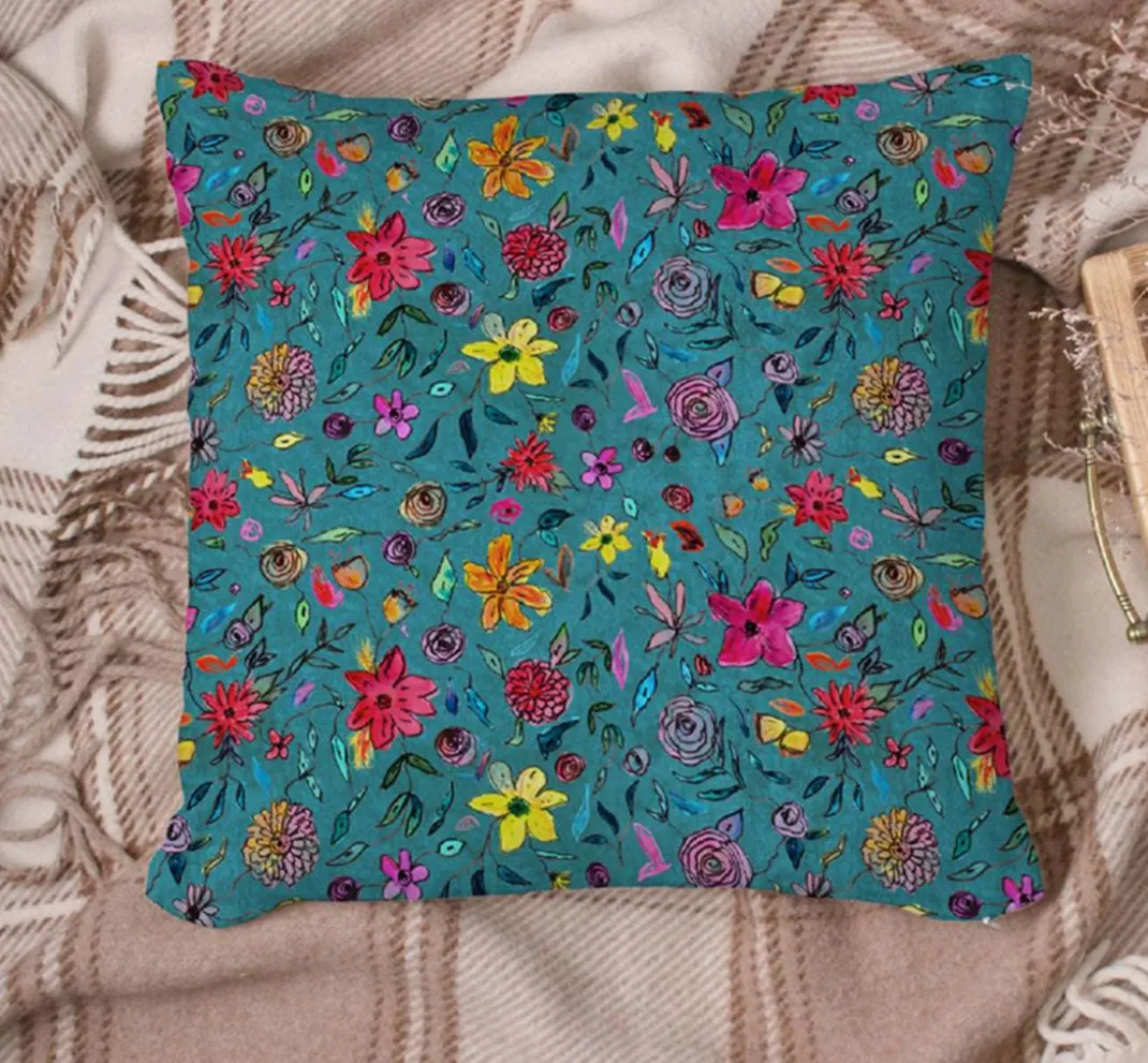 Globaltex Stoff Meterware|Dekostoff>Polyester-Stoff "Blumen-Türkis"