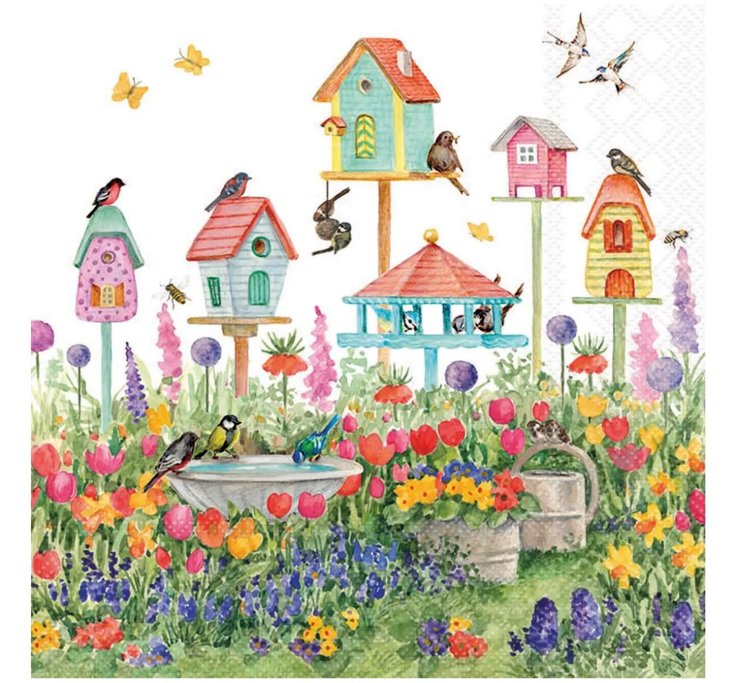 Ambiente Frühling|Serviettentechnik>Serviette "Vogelhäuser im Garten"