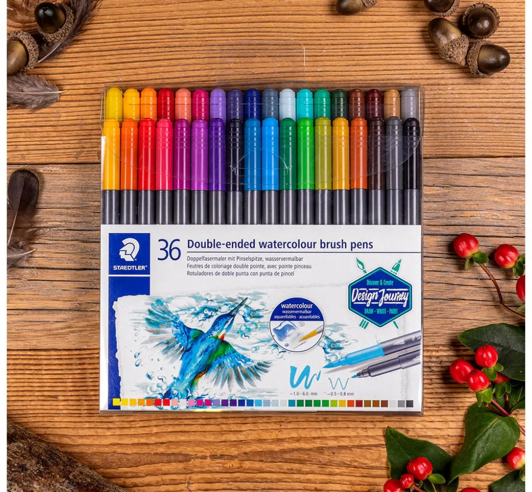 STAEDTLER Aquarell|Stifte>Doppelfasermaler mit Pinselspitze, 36 Stück