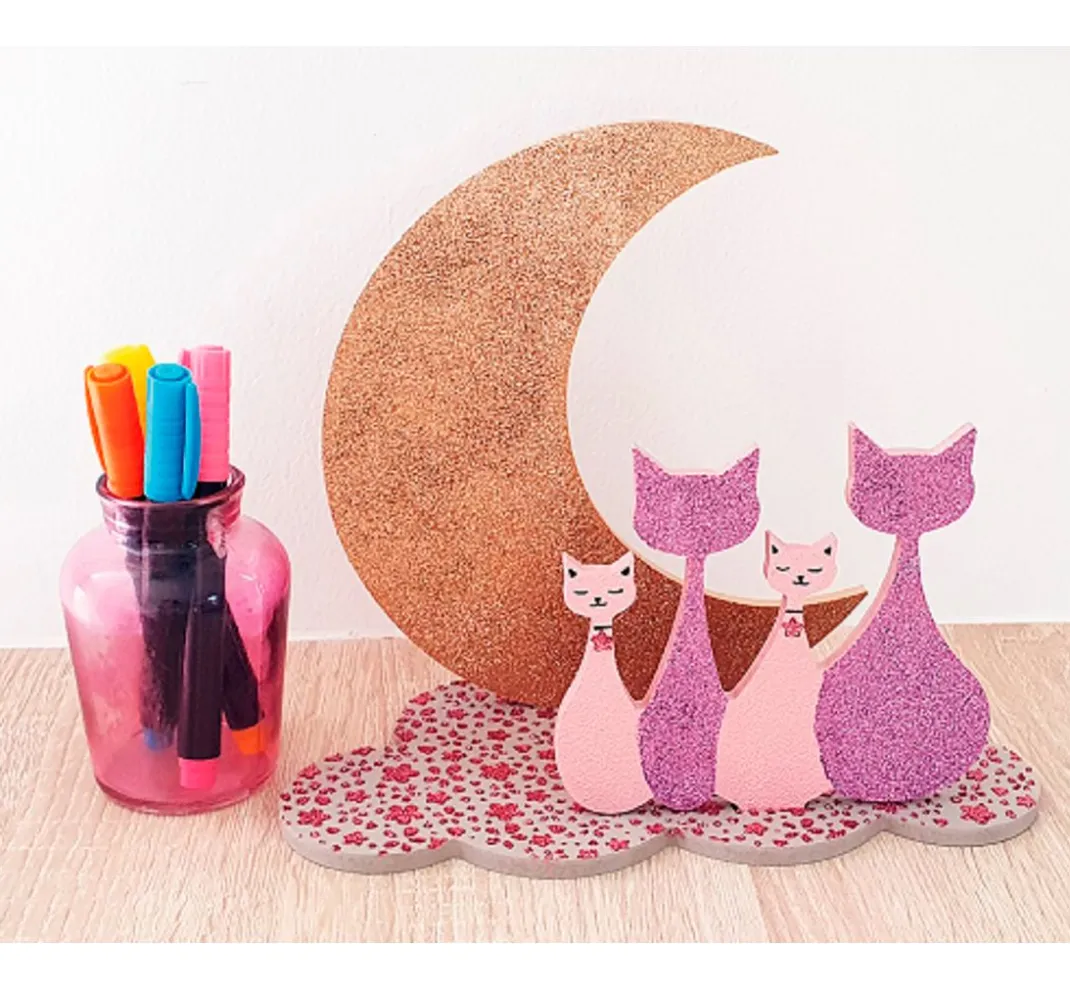 Kinder Gomille Holz|Decoupage>Steckmotiv "Katzen im Mond"