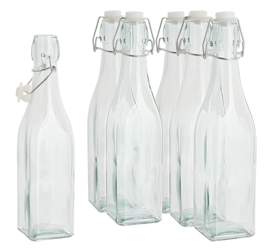 VBS Glasgravur|Glas- & Porzellanmalerei>Glasflasche mit Bügelverschluß "Eckig", 500ml, 6 Stück