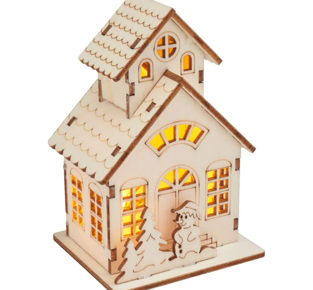 VBS Holz, Mdf & Pappmaché>Holzbausatz "Haus mit Turm und Schneemann", inkl. LED