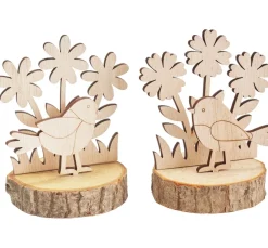VBS Dekofiguren & -Objekte|Holz, Mdf & Pappmaché>Holzsteckmotiv auf Rindenscheiben "Vögel und Blumen"