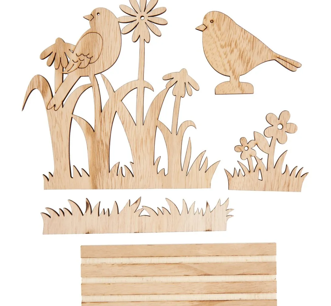 VBS Holz, Mdf & Pappmaché>Holz-Steckmotiv "Vögel in der Blumenwiese"