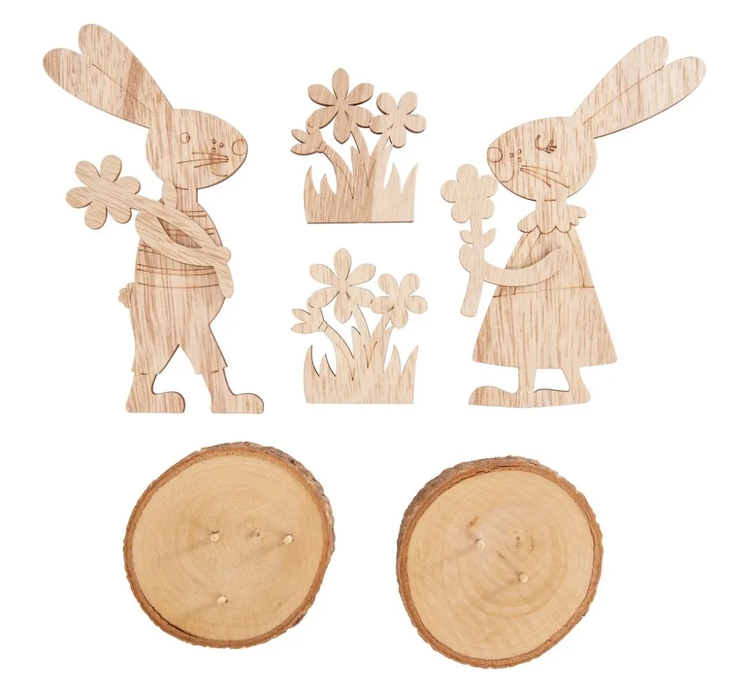 VBS Dekofiguren & -Objekte|Holz, Mdf & Pappmaché>Holz-Steckmotive auf Rindenscheibe "Hase Bugs und Bea"