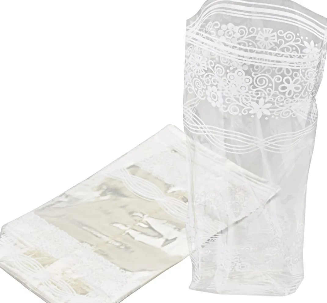 folia Backen|Bastelfolie>Zellglas-Beutel mit weißem Spitzendruck, 10 Stück